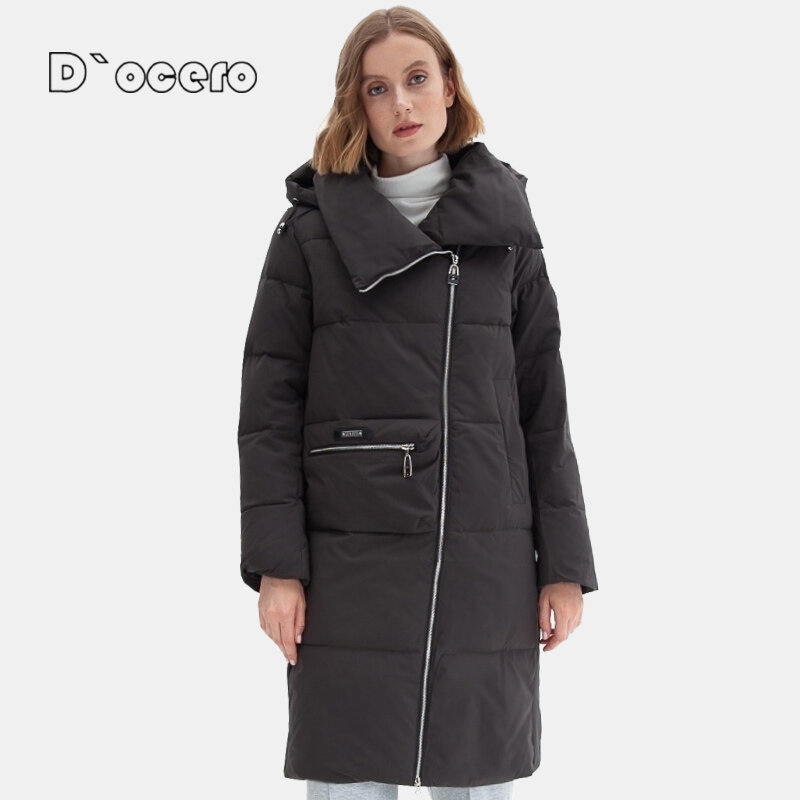 D'ocero 2021 Frauen Winter Mantel Einfache Mode Lange Jacke Weibliche Professionelle Parka Warme Große größe Mantel Mit Kapuze Oberbekleidung