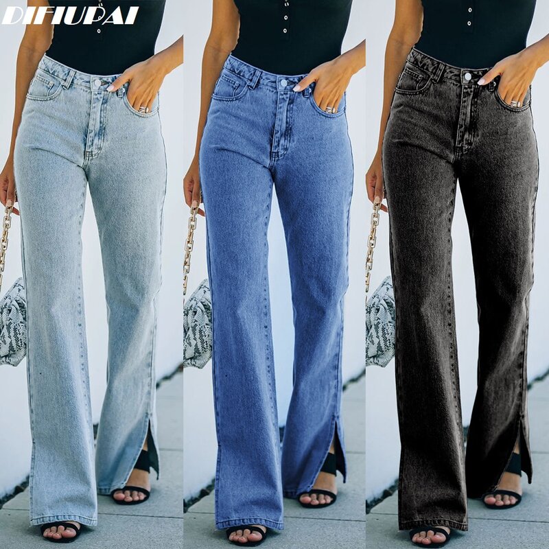 DIFIUPAI Jeans Wanita Celana Ketat Pinggang Tinggi Celana Panjang Kaki Lurus Split Kasual untuk Streetwear