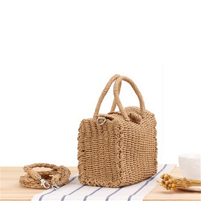 Fashion Handmade Beach Handbag Straw Rattan Shoulder Summer Bag Bucket Crossbody Sea Purse with Chain