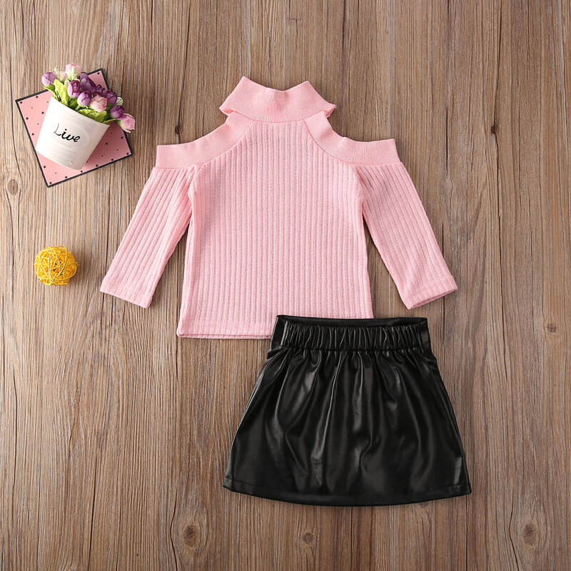 Pudcoco Newest Fashion Newborn Baby Girl Clothes Solid Color Long Sleeve Sweater Tops PU Mini Skirt 2Pcs Outfits Clothes