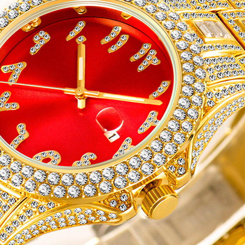 Projektant w pełni diamenty zegarek człowiek Bling Iced Out zegarek dla mężczyzn cyfry arabskie japonia Movt zegarki kwarcowe Hip Hop złoty Relogio