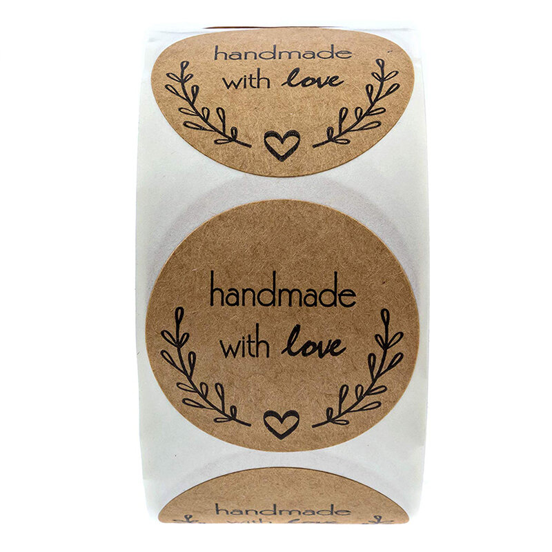 500 Pcs Round Natural Kraft 'Handmade with Love' Stickers rolls for Your Small Business Local Handmade Stickers seal labels