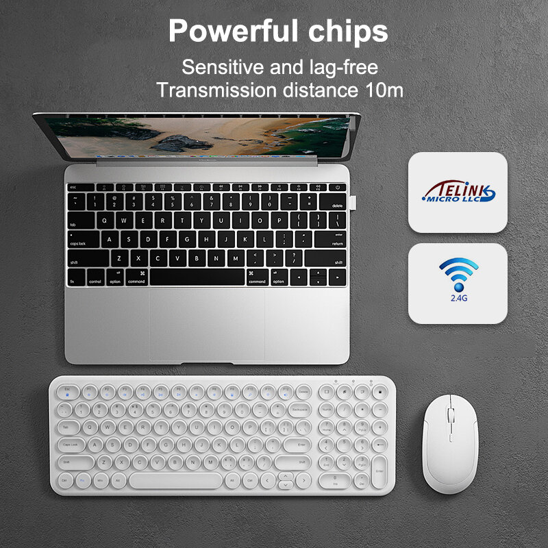 Clavier et souris de jeu silencieux sans fil 2.4G, ronds, pour Macbook, PC, ordinateur portable