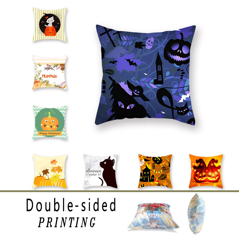 1PC Halloween Pattern Double-sided Polyester Printed Pillowcase Decorative Sofa Pumpkin Black Cat Yellow Cushion Cover