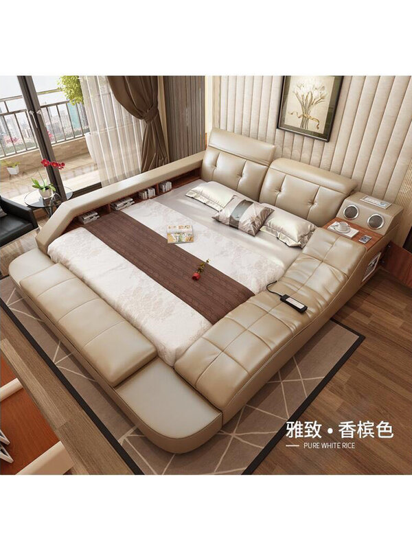 Lit en cuir véritable avec cadre de massage, lit double, meuble de chambre à coucher, king/queen size, moderne