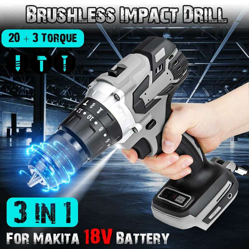 3 In 1 Grey Brushless Electric Screwdriver Drill 20+3 Torque 13mm Cordless Electric Hammer Impact Drill for Makita 18V Battery