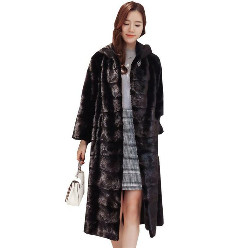 Женская длинная верхняя одежда из искусственного меха, Черная куртка с капюшоном из искусственного меха норки, пальто на осень и зиму, модны...