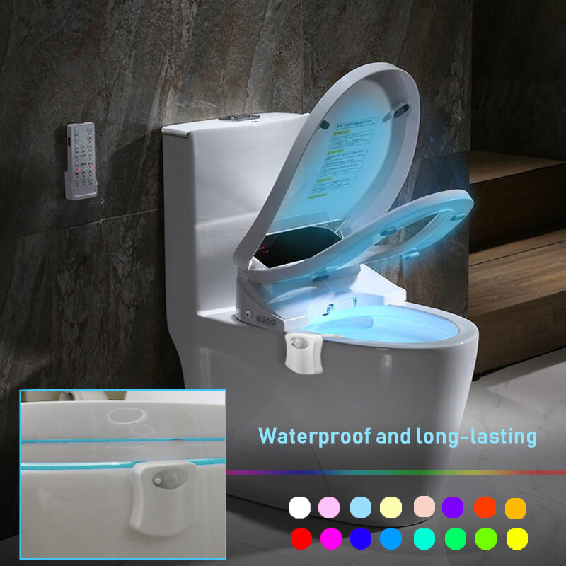 Lâmpada de led com sensor de movimento, luz noturna à prova d'água, 16 cores, para assento sanitário, vaso sanitário