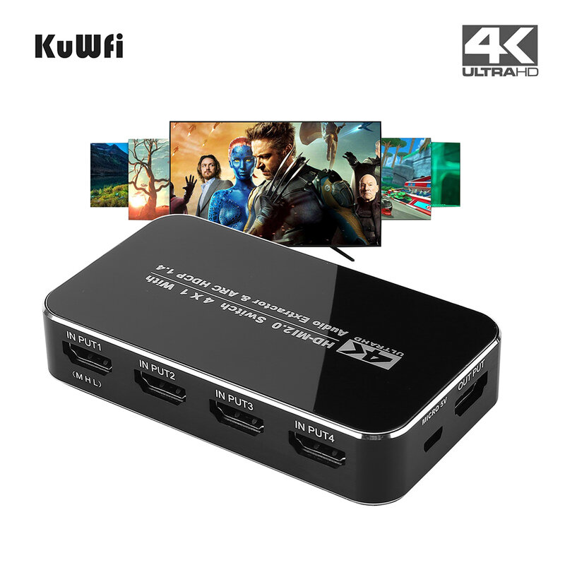 HDMI Splitter 4 Input 1 Output Adapter 4 Port HDMI Splitter cable Switch Switcher 4K 2.0 Audio Extractor ARC & IR Control