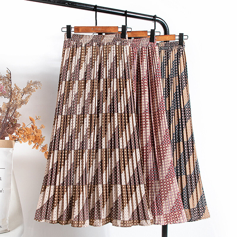 Croysier Women Chiffon Pleated Skirt Elastic High Waist Summer Skirts Womens 2021 Print Casual Midi Long Skirt Mid Calf Length