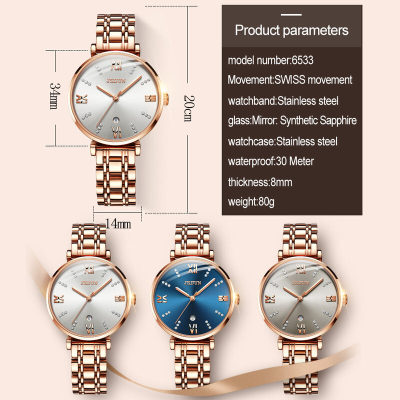 Jsdun-relógio de pulso de luxo feminino, safira, aço inoxidável, com calendário, pulseira, à prova d'água, famoso, para mulheres
