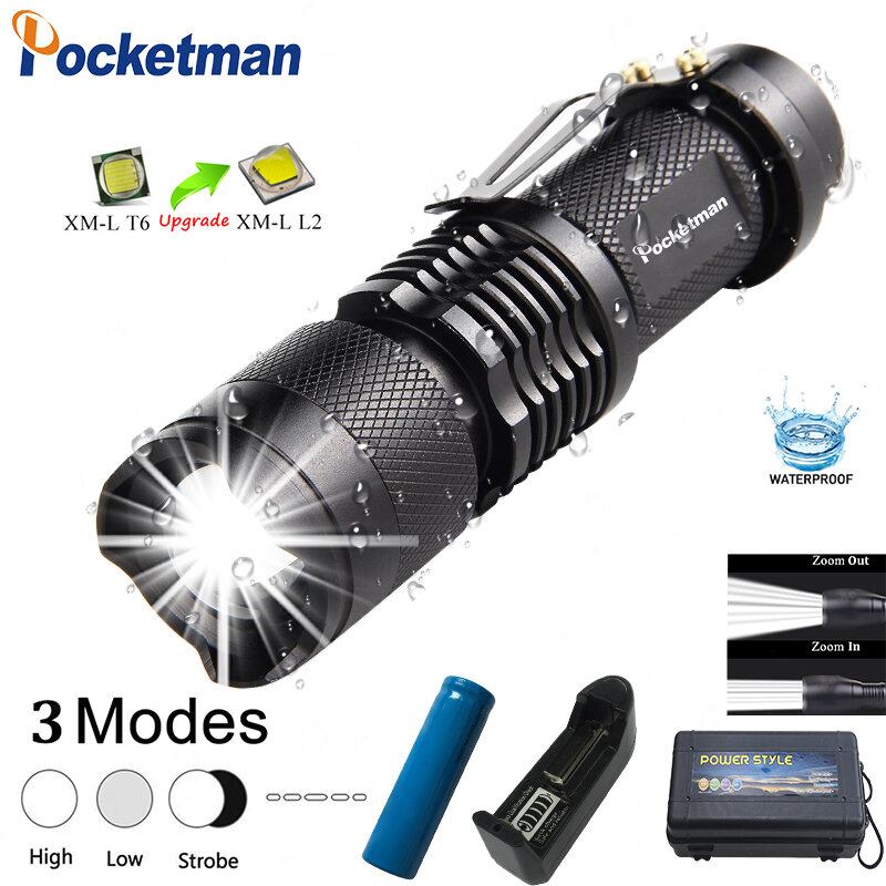 Mini lampe de poche Portable étanche à lumière LED L2, Q5 T6, torche réglable, Focus, Zoom, utilisation de piles 18650