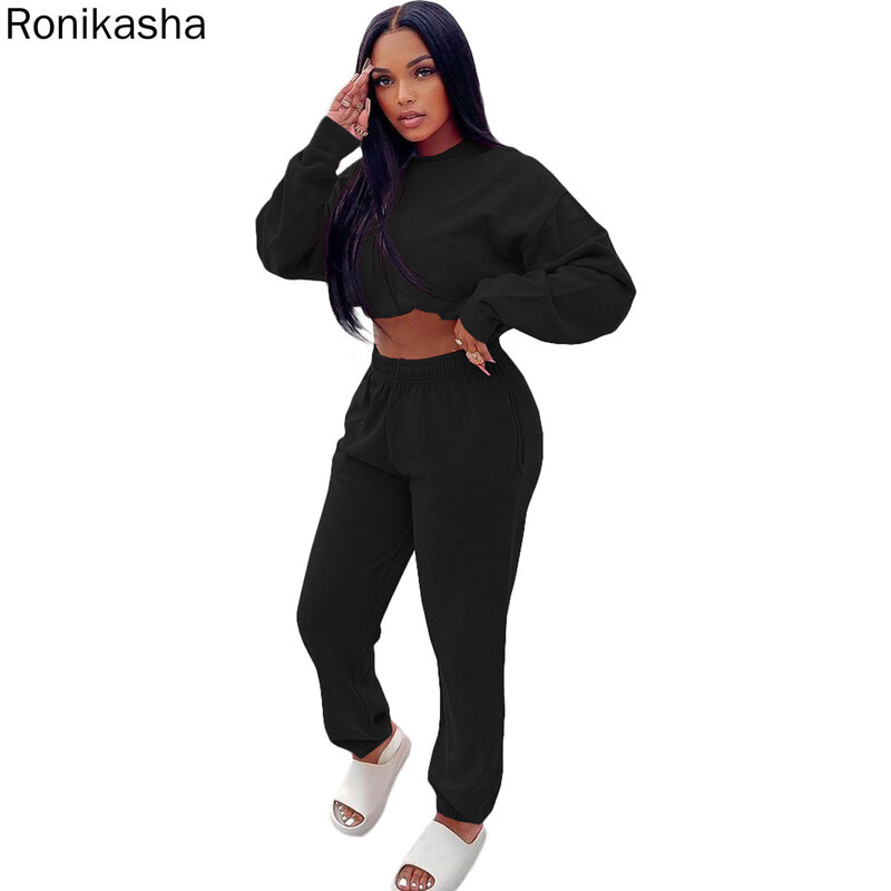 Ronikasha 2 피스 세트 여성 의상 Tracksuit 단색 긴 소매 자르기 탑스 + 조깅 바지 정장 Sportwear 가을 매칭 세트