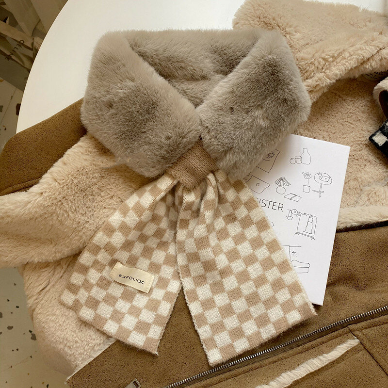 Женский вязаный шарф в клетку, Модный корейский толстый теплый шейный платок из искусственного кроличьего меха, новинка 2021