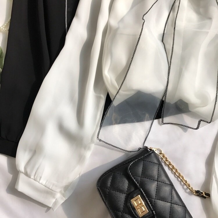 Женская шифоновая приталенная рубашка, элегантный топ на шнуровке с бантом и длинным рукавом-фонариком, весна-осень 2021