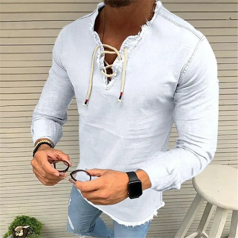 Mannen Denim Shirts V-hals Hollow Out Lace Up Casual Korte Mouw Vintage Lente Zomer Mode Sexy Mannen Shirts tops 2021