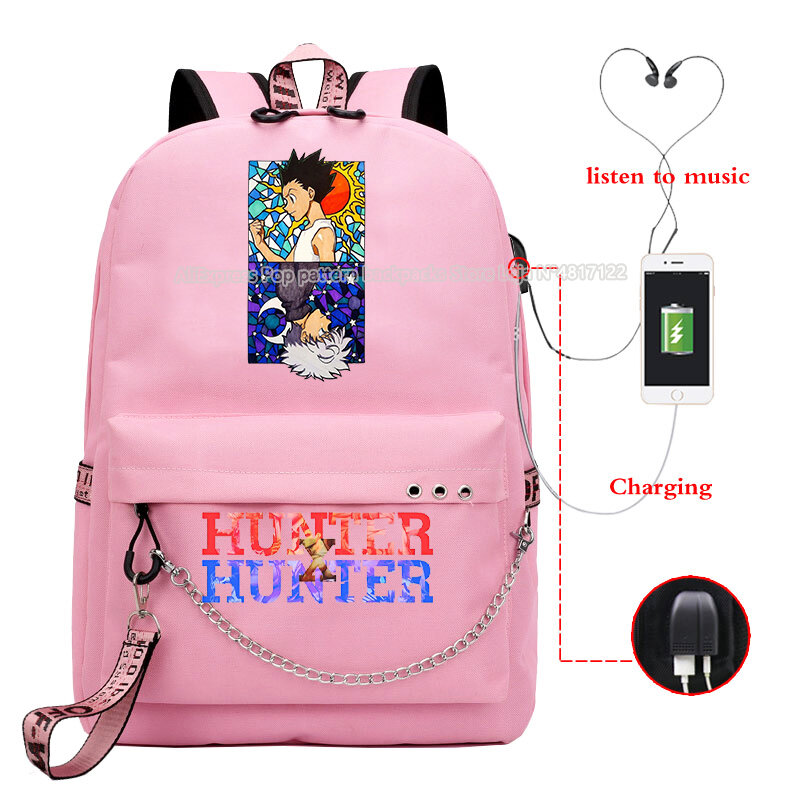 Hunter X Hunter กระเป๋าเป้สะพายหลัง USB สำหรับหญิงวัยรุ่น Mochila เด็กการ์ตูนโรงเรียนกระเป๋านักเรียนอะนิเ...