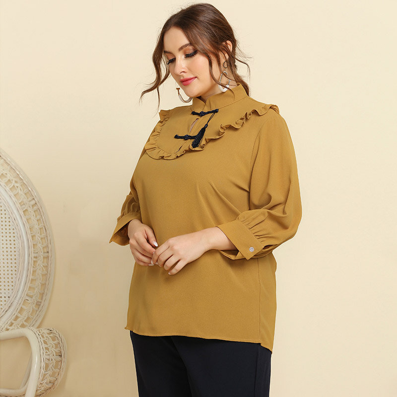 Chinese Stijl Vrouwen Tops Plus Size Tops Stand Kraag Ruches Pols Stevige Losse T-shirts 3XL 4XL HMJR41