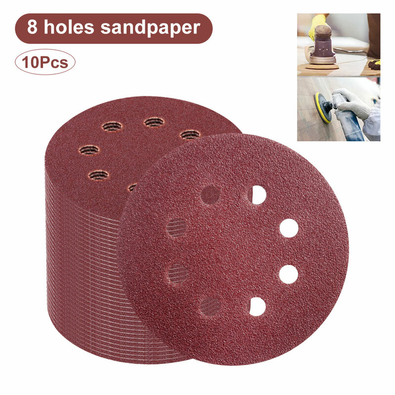 Sandpaper Polishing 10Pcs Disc Pad 5 inch 8 Hole 60-2000 Pad Buffing Sanding Sheet For Woodworking IndustrialGrit Hook Loop