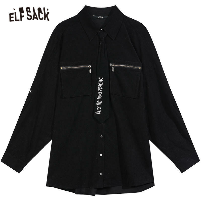 ELFSACK Feste Reine Einreiher Casual Cord Shirt Frauen, 2020 Winter Vintage Krawatte Front Zipper, koreanische Girly Baisc Täglichen Top