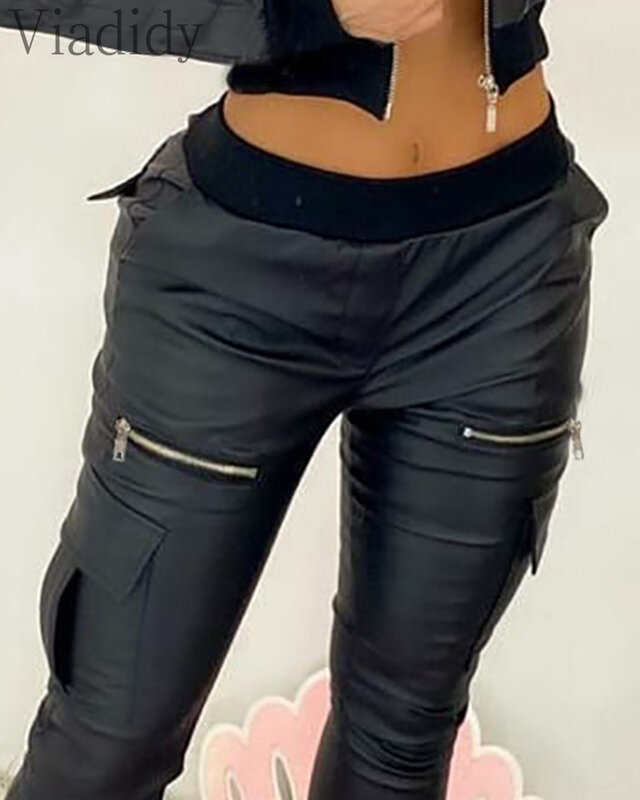 Women Slim High Waist Elastic PU Leather Trousers with Pockets Female Streetwear