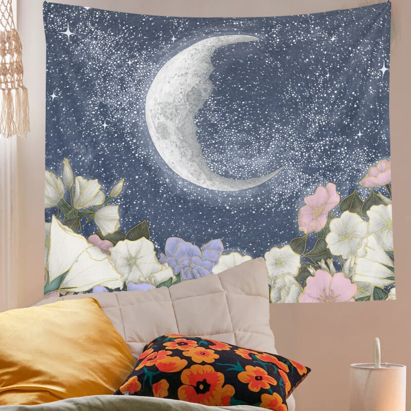 Moonlight Garden Wall Hanging Tapestry Moon Floral Throw Blanket Home Decor Wall Hanging Bohemian Wall Tapestries Retro Art