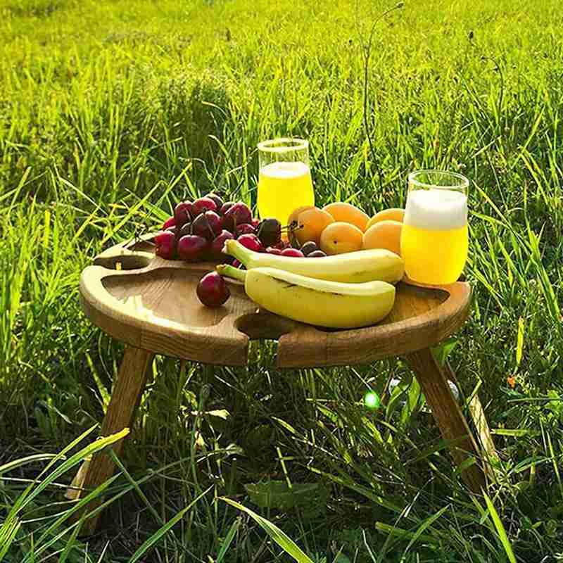 Drewniany odkryty przenośny składany Camping stół piknikowy z stojak na kieliszki stoły do wina stoły turystyczne składany stół owocowy de jardin