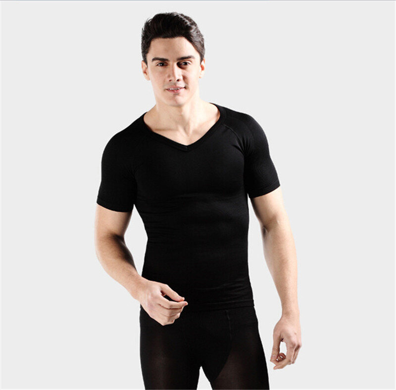 Camiseta modeladora de compressão masculina, gola em v, modeladora de cintura, corretor de postura, controle de abdômen, emagrecimento