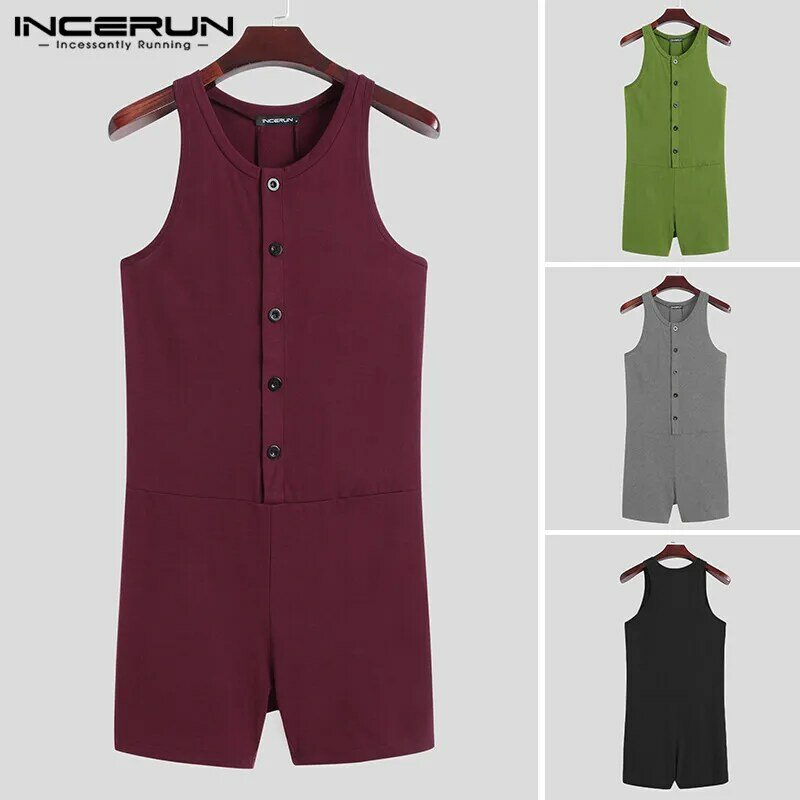 INCERUN-mono sin mangas de moda para hombre, ropa de casa de Color sólido, pijama informal con botones, monos de Fitness, S-5XL