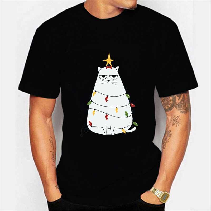 Мужские футболки с рождественским котом, летняя мужская футболка, модные повседневные свободные топы с коротким рукавом, футболки, Рождест...