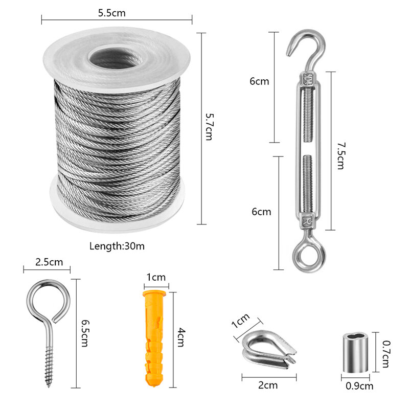 57PCS/Set Steel PVC Coated 30 Meter Flexible Wire Rope Soft Cable Stainless Steel Transparent Clothesline Diameter 2mm Kit