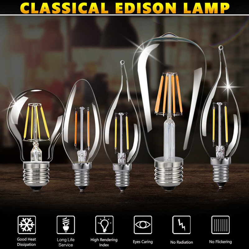 Bombilla de luz de estilo Retro Edison, ampolla de filamento incandescente E14/E27, 220V, 4W, 6W, ST64, G45, FC35, C35, A60