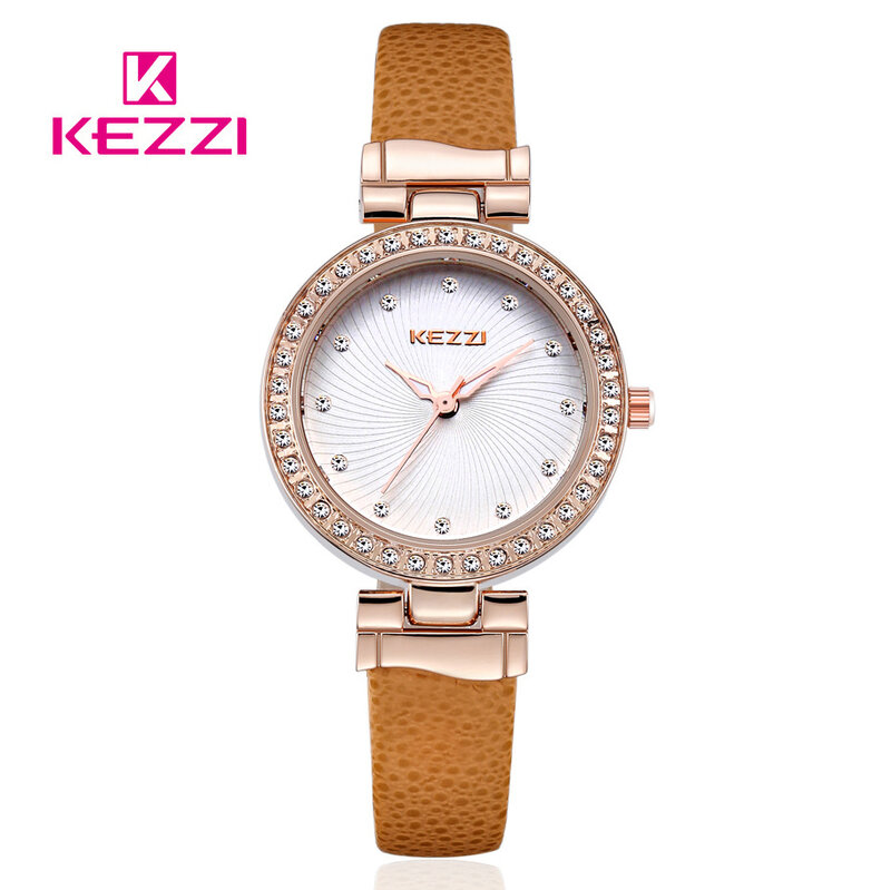 Kezzi relógio de pulso feminino, relógio de marca kezzi para mulheres cristal branco fino de quartzo com couro