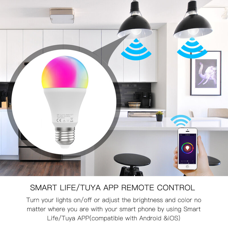 Moes WiFi 스마트 LED 디밍 가능 전구 10W RGB C + W 스마트 라이프 앱 리듬 컨트롤, Alexa Google Home E27 95-265 v와 함께 작동