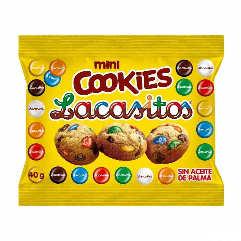 Lacasitos mini biscoitos saco 40 gramas de pequenos biscoitos com chips de chocolate preto e mini lacasitos