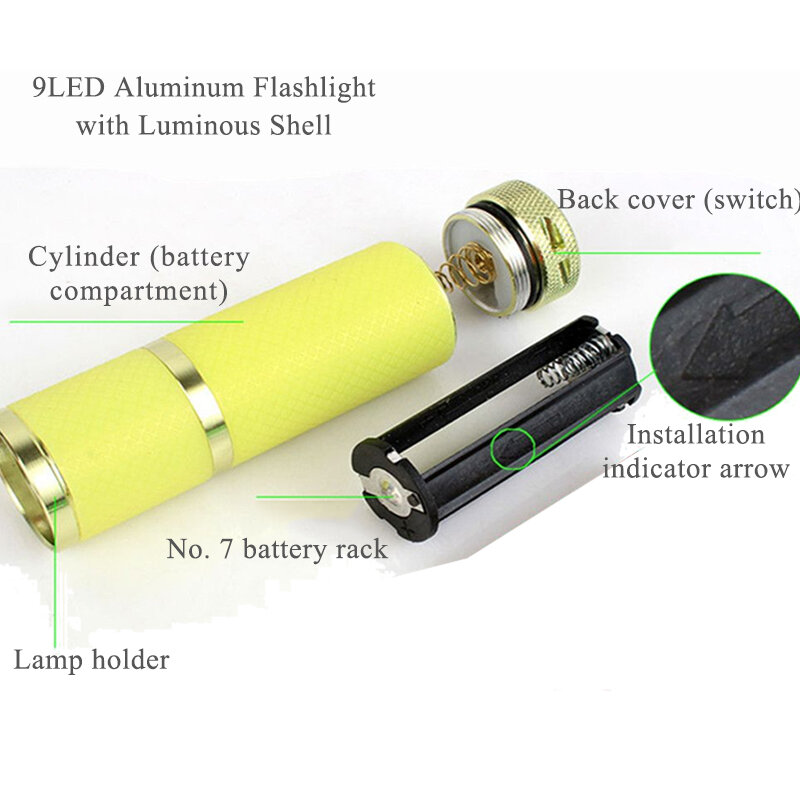 Портативный ультрафиолетовый мини-фонарик с 9 светодиодами, ультрафиолетовый фонарик светильник ПА для быстрой сушки геля для ногтей, 4 цве...