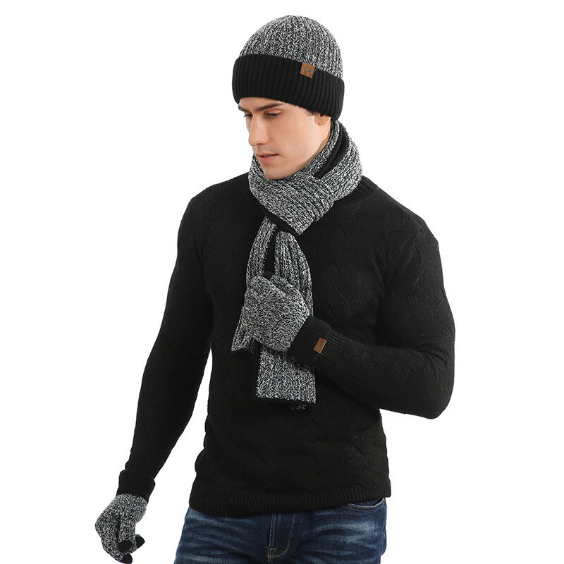 Gorro de punto grueso y cálido para hombre, bufanda larga antideslizante, guantes de conducción con pantalla táctil, conjunto de regalo para invierno
