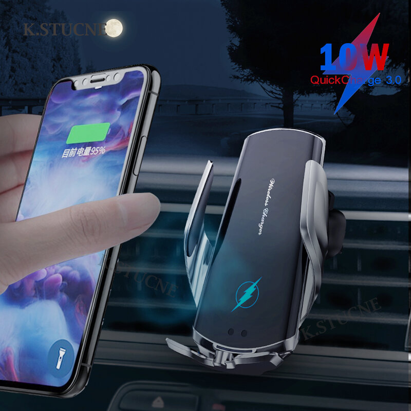 Автоматическое зажимное 10 Вт Быстрое Автомобильное зарядное устройство для SamsungS9 S10 iPhone11ProXSXR 8 умный датчик держатель для телефона с поворот...