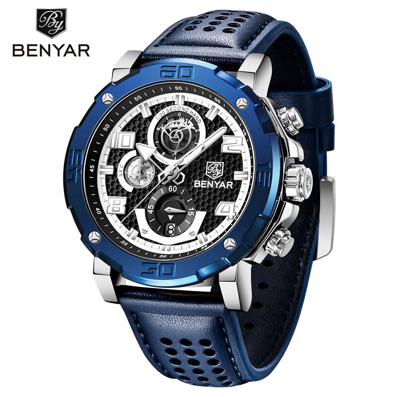 BENYAR-Reloj de pulsera multifuncional para hombre, cronógrafo de diseño hueco, resistente al agua, de cuarzo, con espejo Hardlex, de negocios