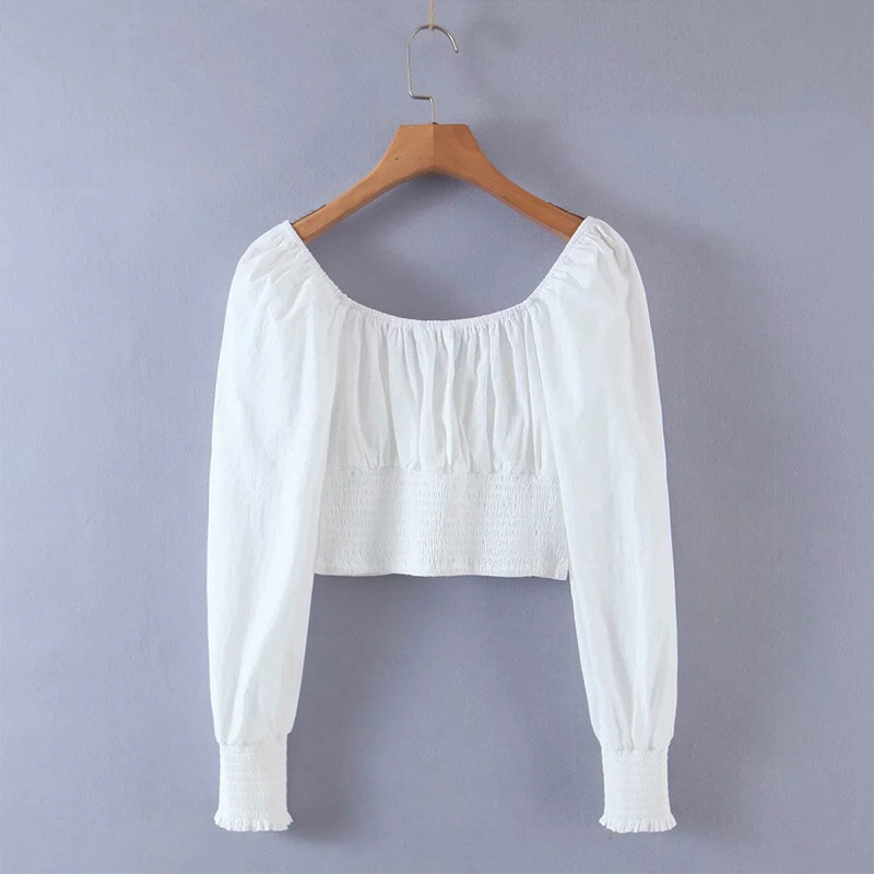 Blusa feminina branca retrô gola quadrada, camiseta feminina manga lanterna com fivela pérola elegante verão 2021