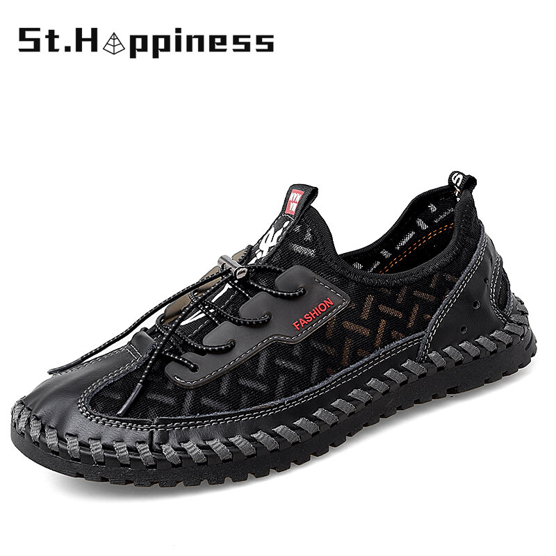 New Men's Casual Handmade Shoes Fashion Comfortable Driving shoes Breathable Mesh Sneakers Outdoor Soft Flat Shoes Big Size 48