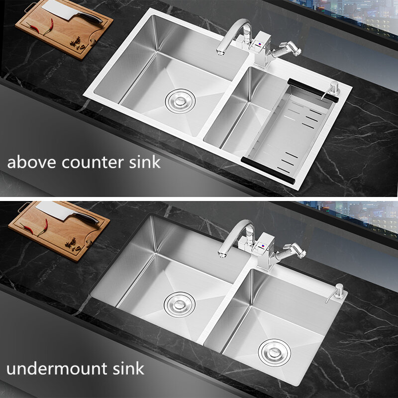 304 Stainless Steel Brushed Kitchen Sink Farmhouse Sink Double Bowl with Faucet  Above Counter Home Sink Divider  CN(Origin)
