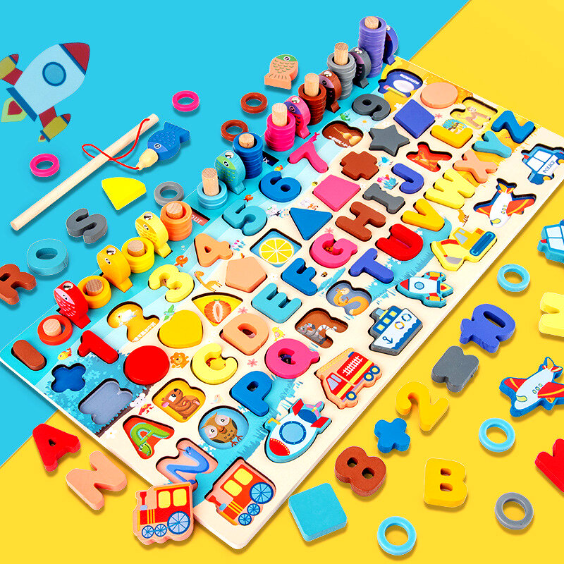 Drewniane zabawki edukacyjne siedem w jednym numer rejestracyjny przedszkole dla dzieci Puzzle wędkarskie dla dzieci wczesna edukacja matematyka poputes zabawki