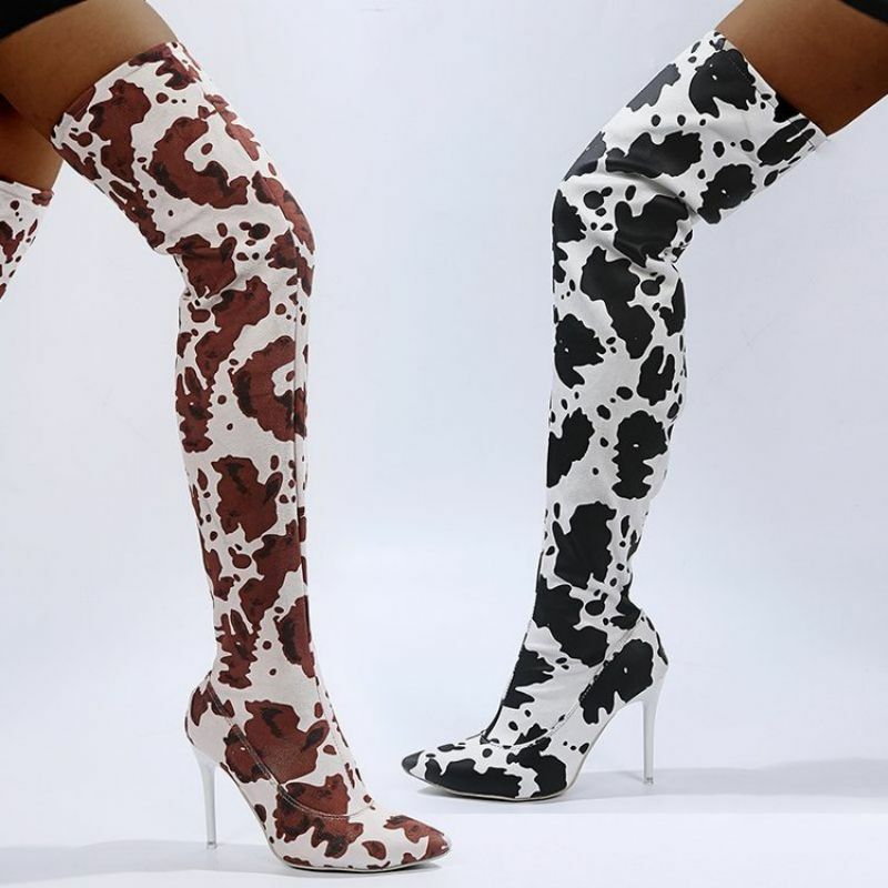 2021 Winter Fashion Pointed Toe Wedges Stiletto Heel Trend Fashion Printed Stitching and Lacquered PU Goddess Boots  KZ050