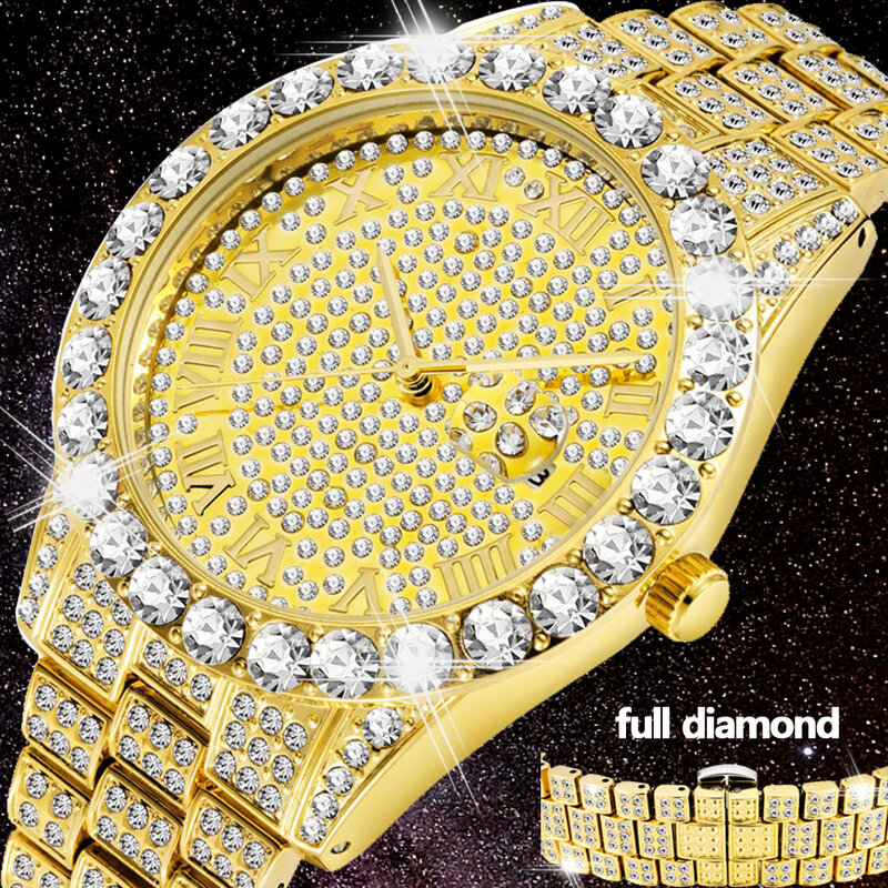 Completa bling grande diamante relógio para homem iced-out hip hop masculino relógios de quartzo data à prova dwaterproof água relógio masculino ouro aço xfcs