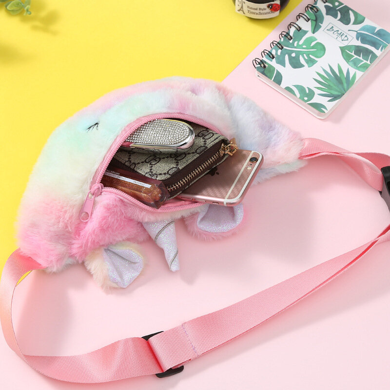 유니콘 귀여운 보라색 플러시 벨트 가방 어린이용, 벨트 가방, 허리 가방