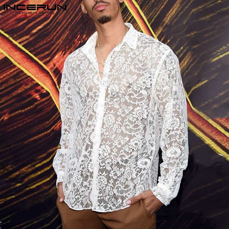 Tops 2021 New Men Hot Sale Net Yarn Shirts Sexy Casual Streetwear Party Nightclub Dot Printing Long-sleeved Blouse S-5XL INCERUN