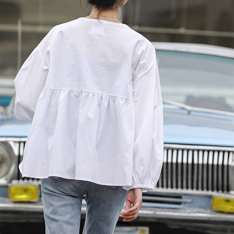일본식 가을 새로운 2021 패션 느슨한 블라우스 단색 v 넥 캐주얼 랜턴 슬리브 단순 기질 여성, 느슨한 블라우스 단색