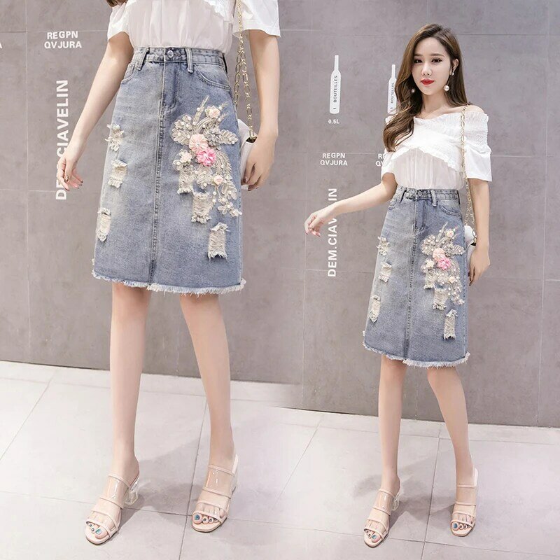 Fashion new heavy industry beaded flowers white polished old thin denim skirt