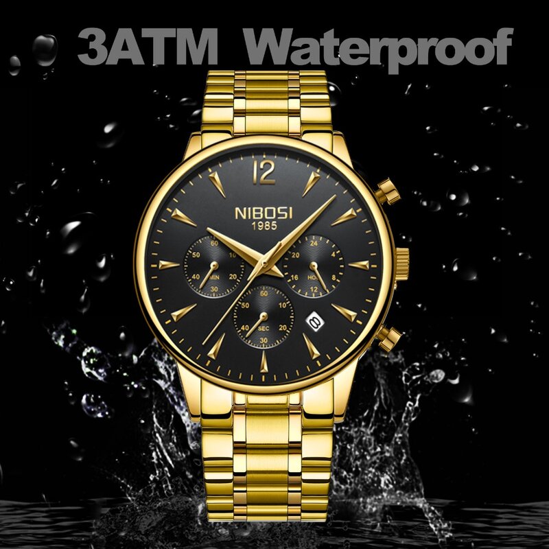 NIBOSI Herren Uhren Gold Edelstahl Wasserdicht Quarz Uhr Männer Marke Luxus Uhr Männlichen Sport Armbanduhr Großhandel Saat